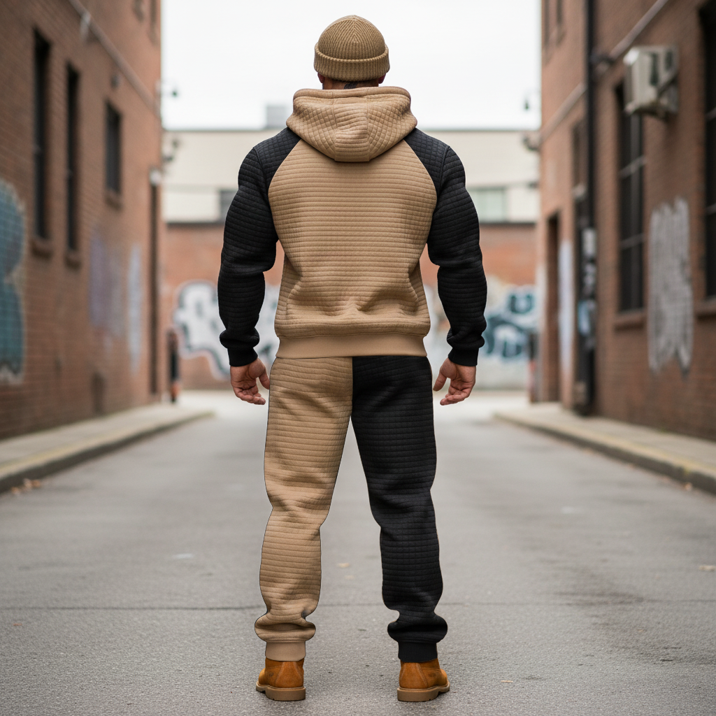 Men's Vintage Black Khaki Waffle Quilted Plaid Pocket Hoodie And Sweatpants Jogger Set