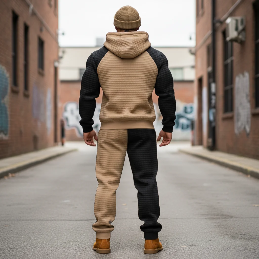 Men's Vintage Black Khaki Waffle Quilted Plaid Pocket Hoodie And Sweatpants Jogger Set