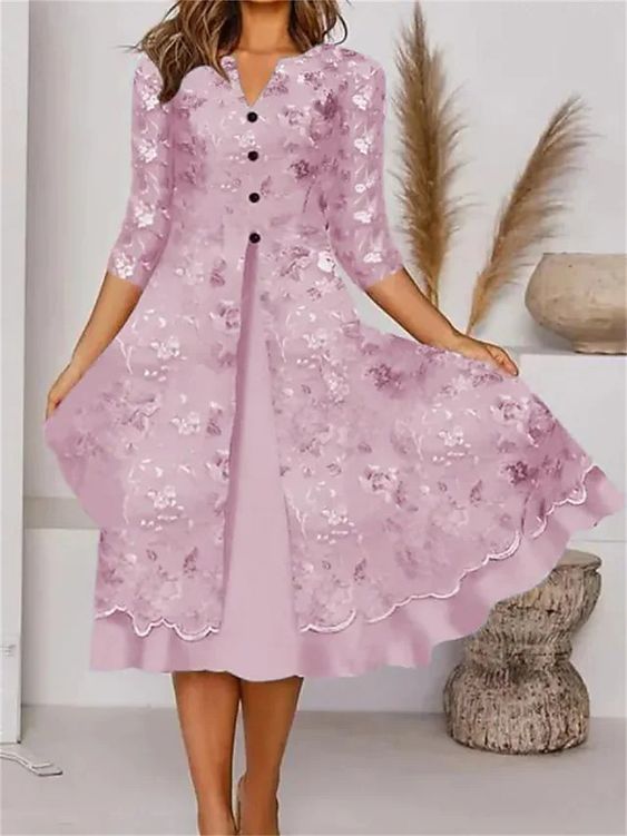 Fashionmigo Flower Print V-Neck Half Sleeve Fake Two Piece Dress