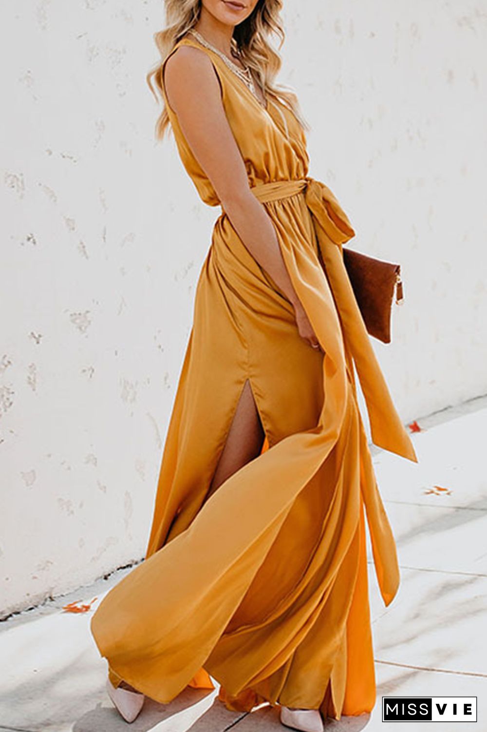 Casual Bohemian Solid High Opening With Belt V Neck Dresses