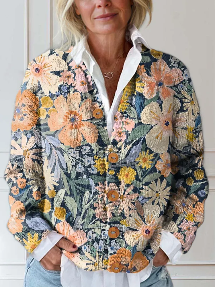 Women's Vintage Floral Art Print Buttoned Cardigan Sweater