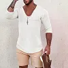 Men's Deep V Neck Breathable Linen Cotton Mid Sleeve T-Shirt by Inlyline