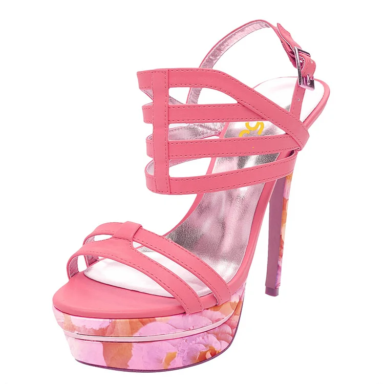 Hot Pink Platform Sandals Floral Slingback High Heels |FSJ Shoes