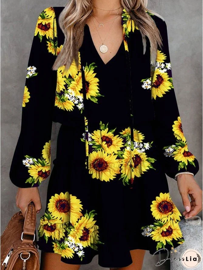 Women's Dresses Printed Long Sleeve Ruffle Mini Dress