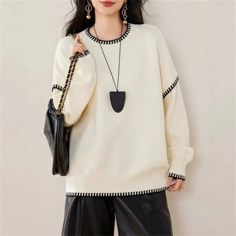 Nigikala Nigikala Dongdaemen Net Red Retro Letter Sweater Women Autumn And Winter Loose Lazy Wind Dopamine Round Knitted Shirt
