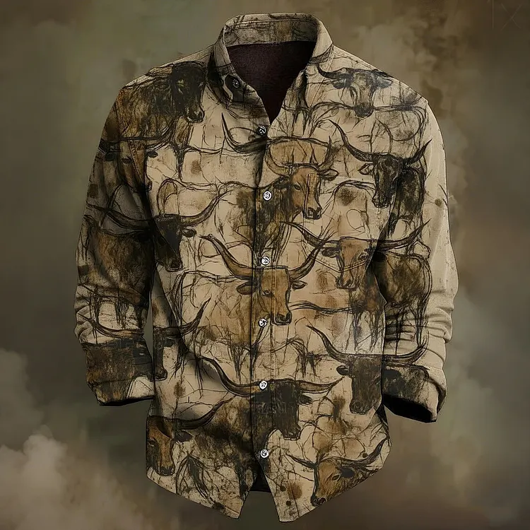 Men's Western Style Graffiti Bull Print Linen Blend Cozy Long Sleeve Shirt