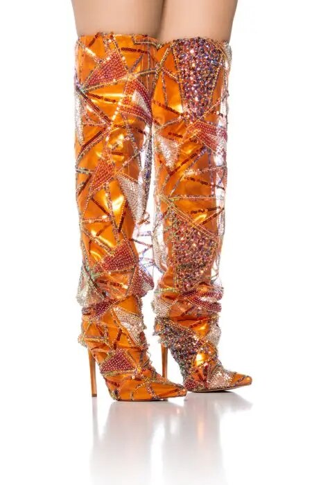 VCSHOES Bling Orange Crystal Knee High Boots Womens Stacked Boots Rhinestone Glitter Shoes 44