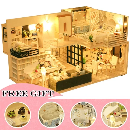 pornhint Pornhint DIY Dollhouse Wooden doll Houses Miniature Doll House Furniture Kit Casa Music Led Toys for Children Birthday Gift M2