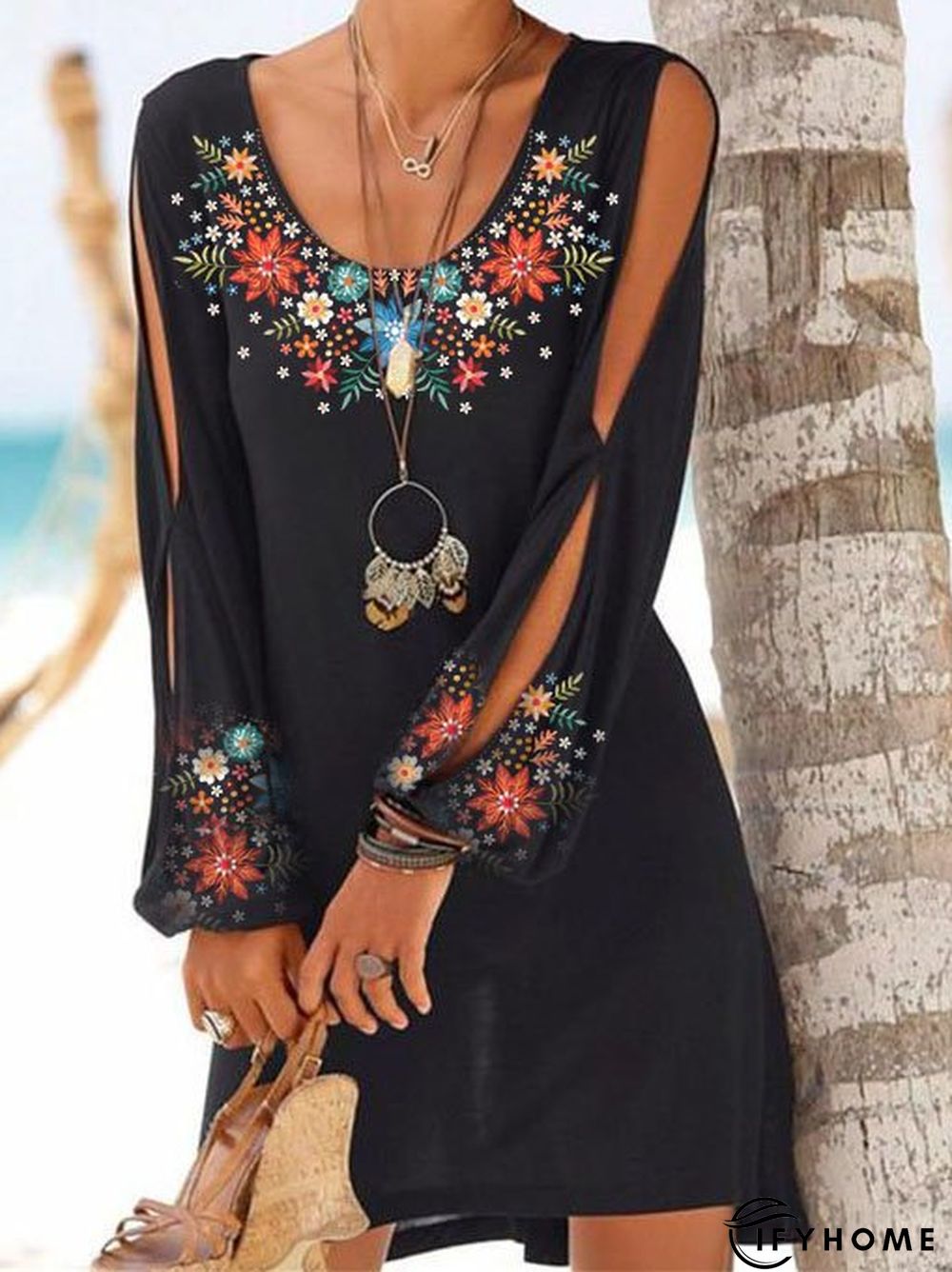 Cotton-Blend Floral Vintage Long Sleeve Weaving Tunic Dress | IFYHOME