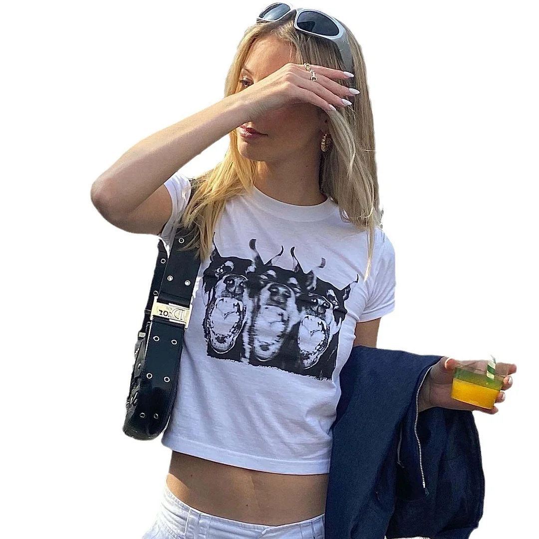 Uveng Uveng Print Slim T-Shirt Female Summer INS Hot Girls Slim Crop New Style