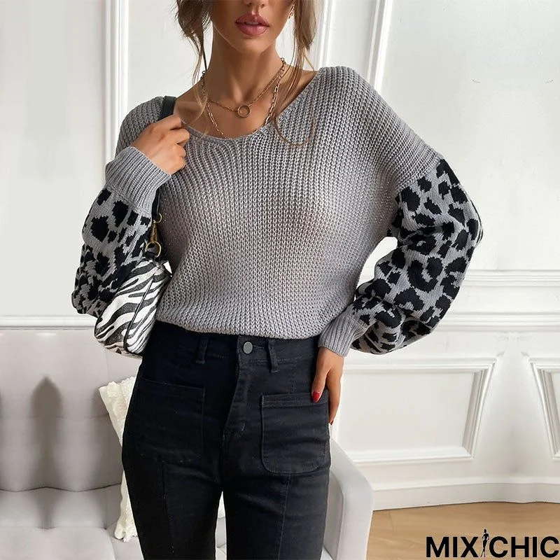 V-Neck Knitted Pullover Top Loose Lazy Leopard Stitched Sweater Female