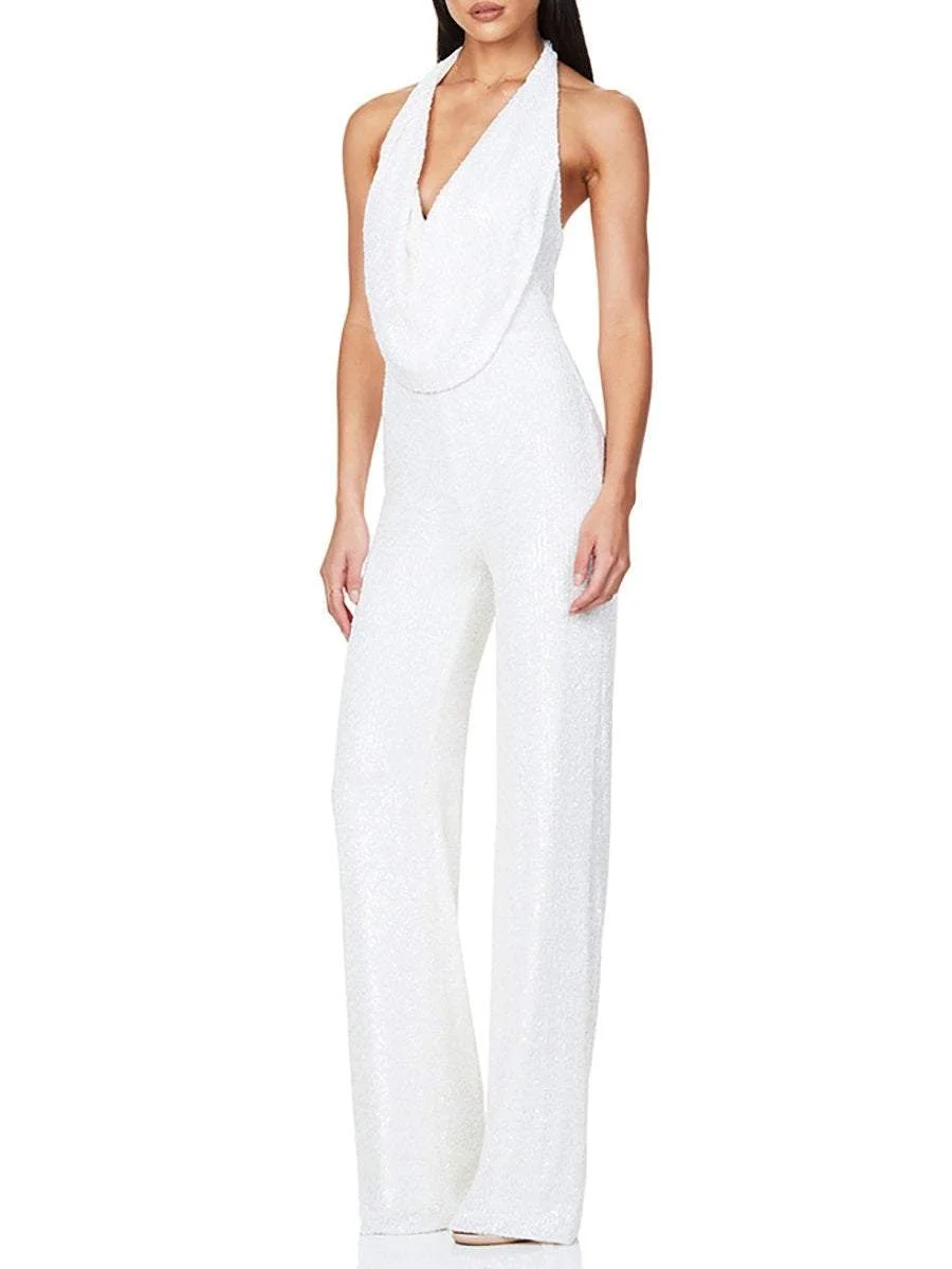 Solid color sleeveless sequin jumpsuit