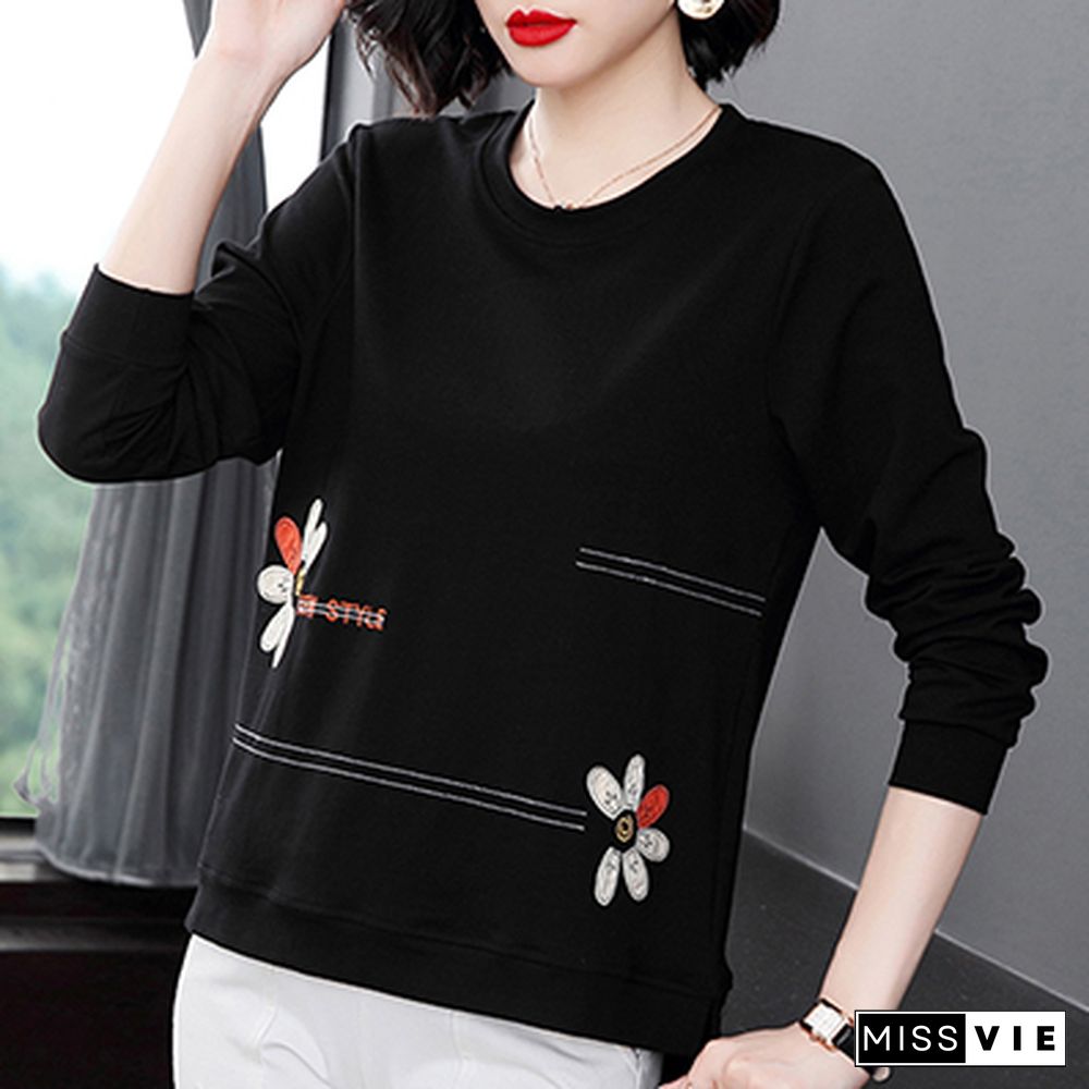 Shintimes Floral Letter Embroidery Long Sleeve T Shirt Women Spring Autumn T-Shirts Loose Clothes Cotton Tee Shirt Femme