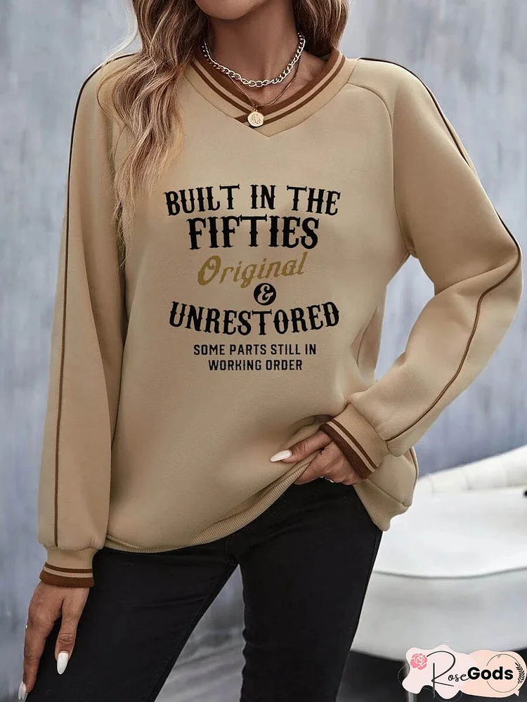 Casual Cotton-Blend Text Letters V Neck Sweatshirts