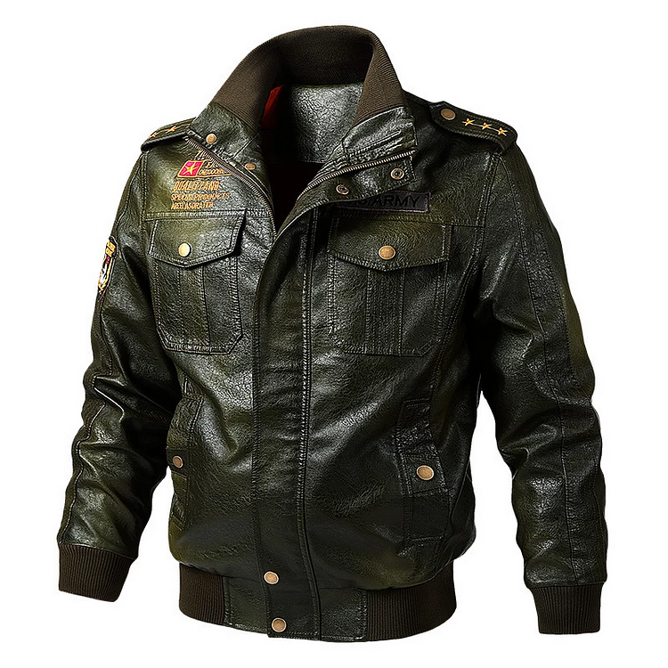 Loose Solid Stand Collar Pilot PU Jacket