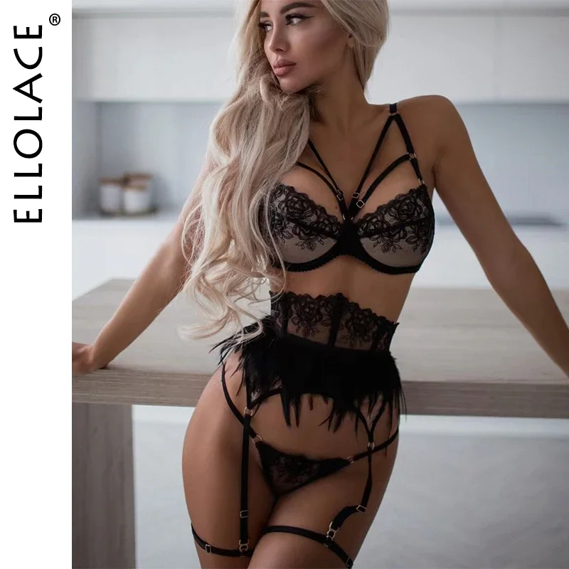 Billionm Feather Lingerie Embroidery Fancy Female Underwear Transparent Bra Luxury Lace Intimate Delicate Erotic Brief Sets