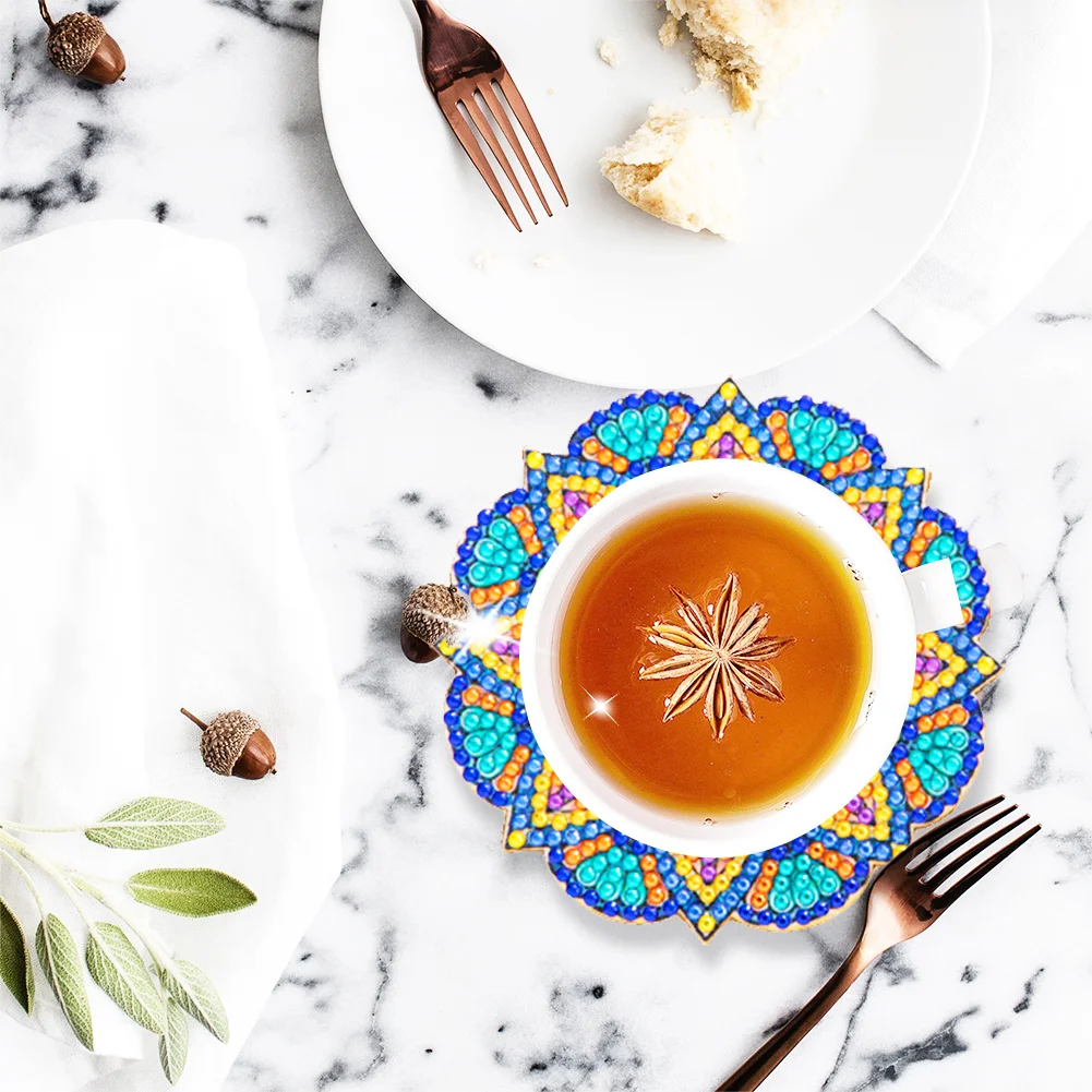 6pcs Datura DIY Diamonds Painting Coaster Woodiness with Rack Cup Pad Decor