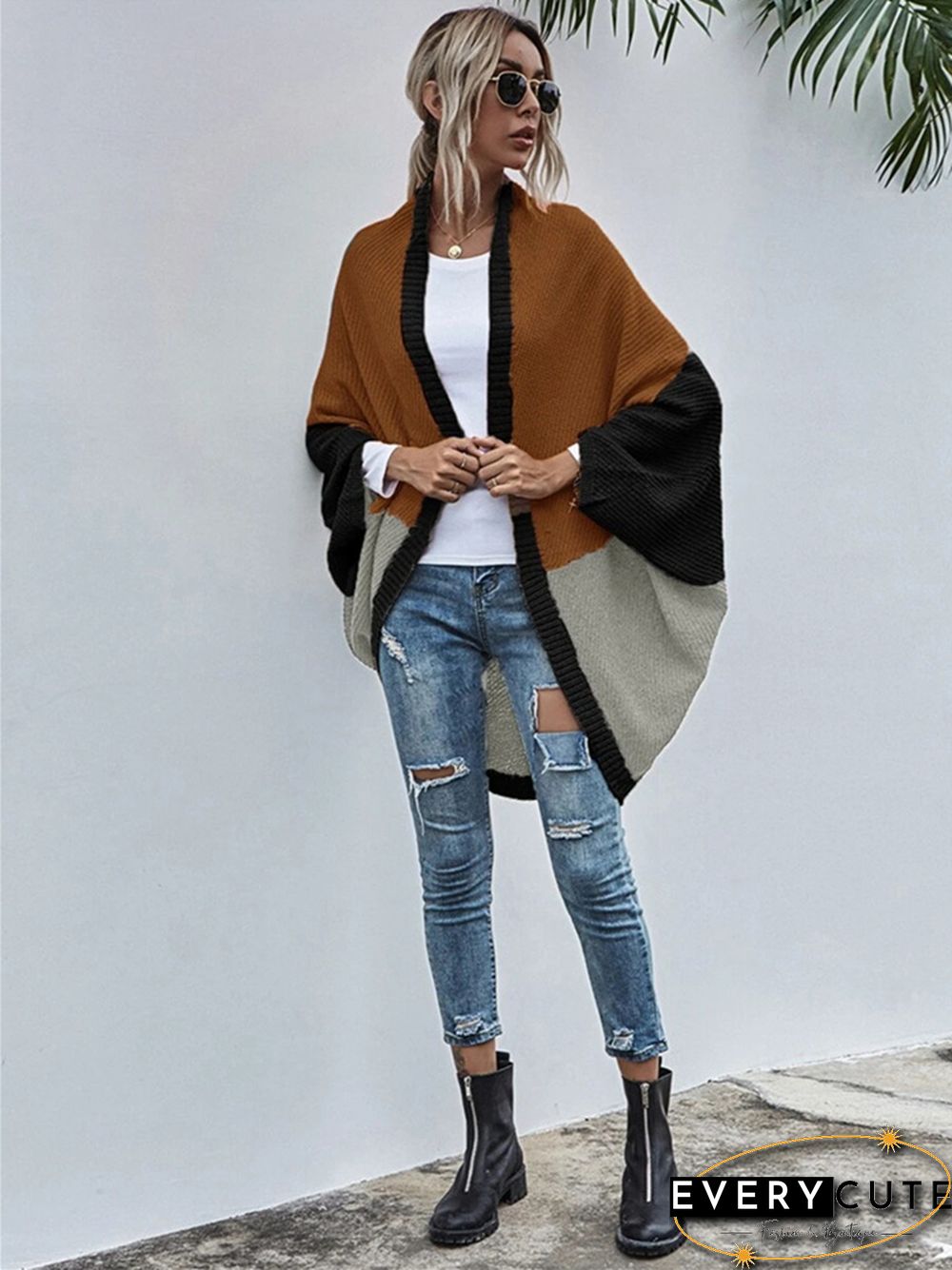 Contrast Shawl Knitted Cardigan Sweater