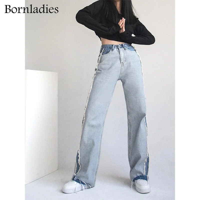 Billlnai  Graduation Party 2023 Women Fashion Contrast Color Stitching Jeans Ladies High Waist Straight Loose Jeans Wide Leg Denim Trousers New
