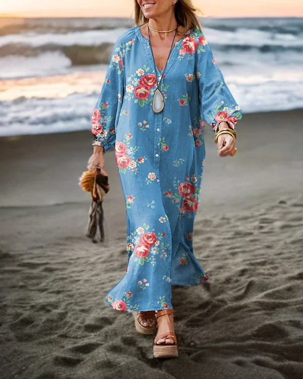Vintage Floral Long Sleeve Cardigan Dress