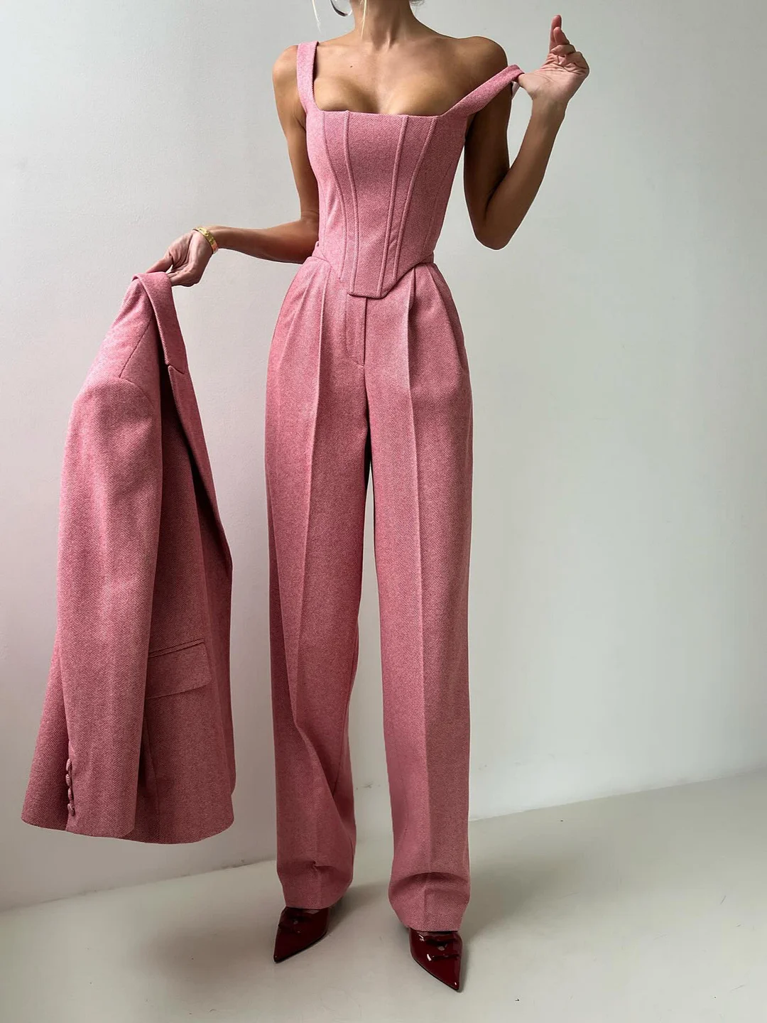 Athvotar Athvotar Women's Fashion Solid Color Waist Fish Bone Shoulder Suit Three-Piece Set Of Women Simple Commuting High-Waisted Trousers