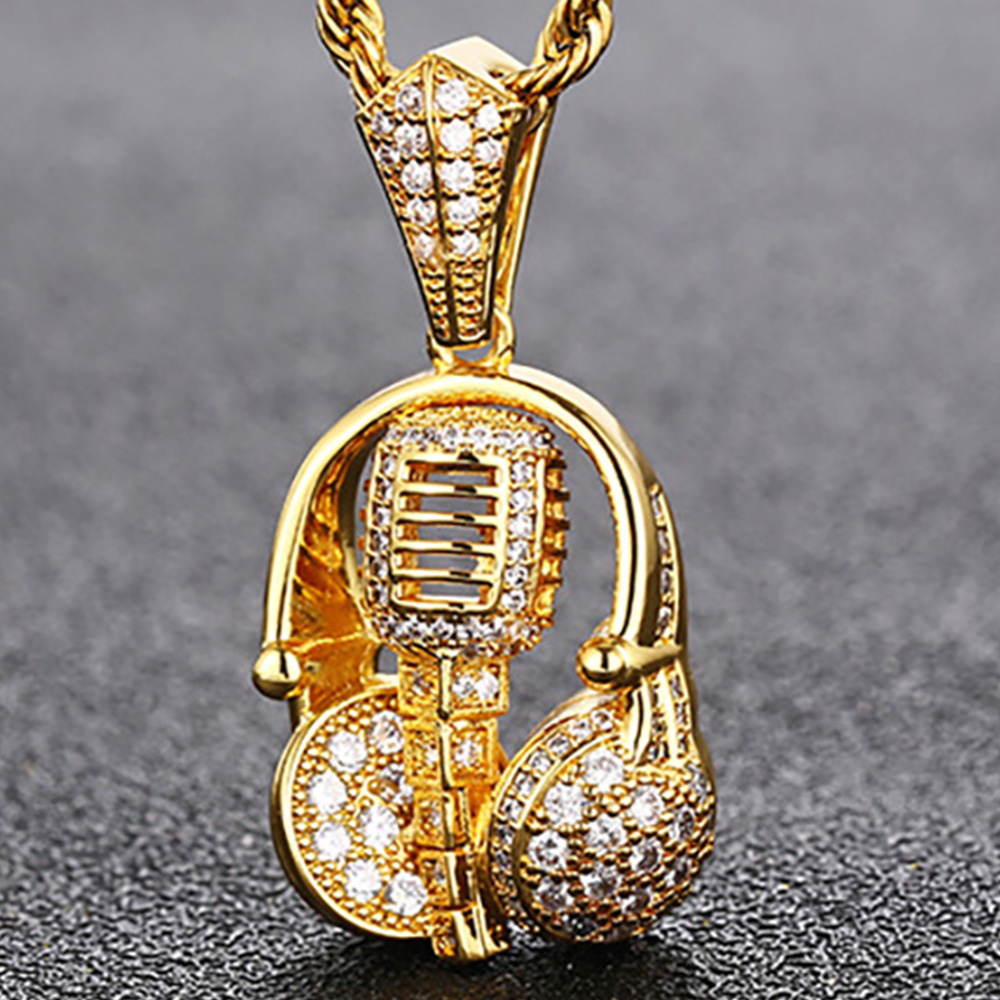 Rock Style Music Headphones Microphone Iced Out CZ Stone Pendant