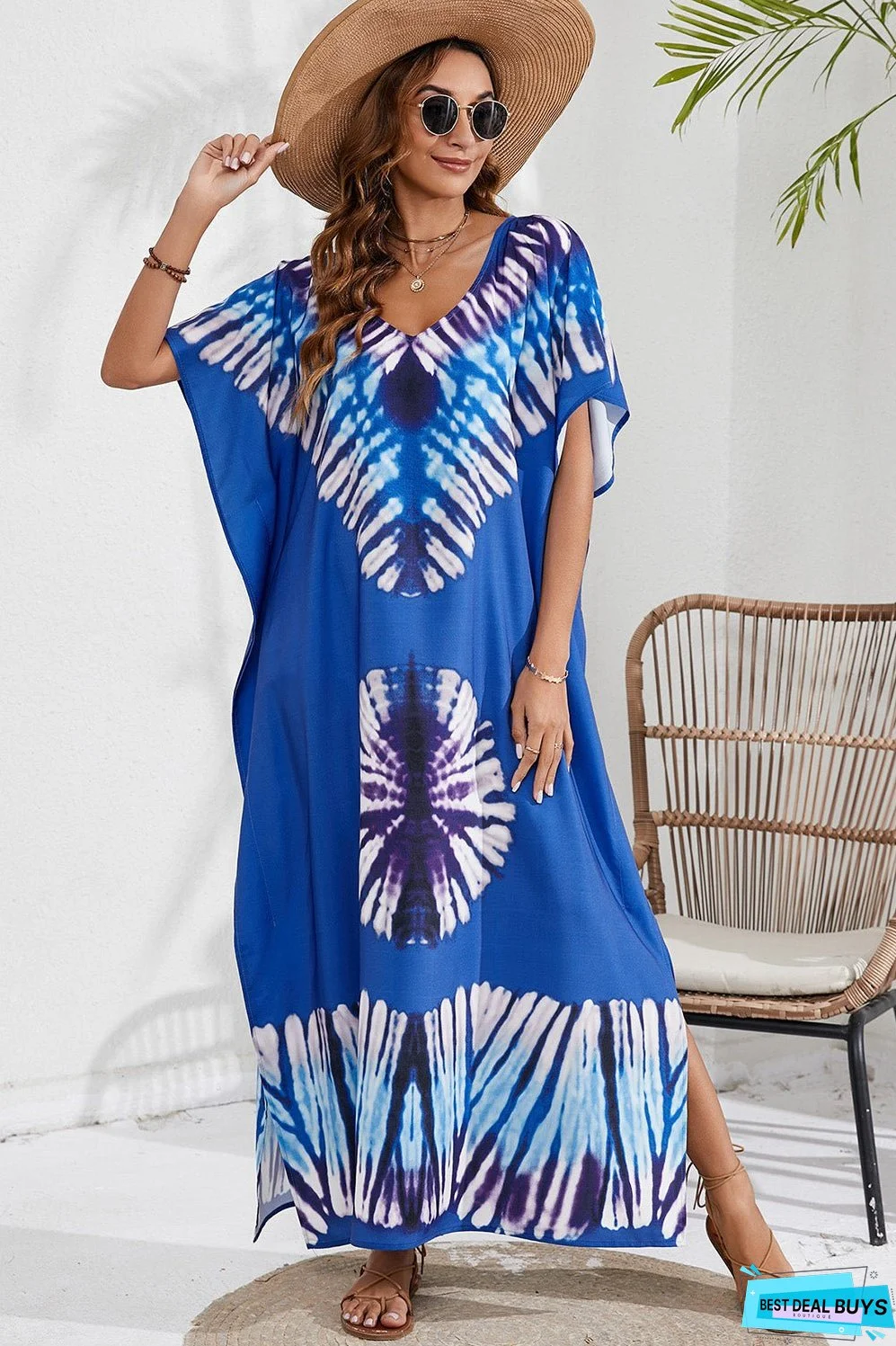 Slit Printed V-Neck Short Sleeve Cover Up
