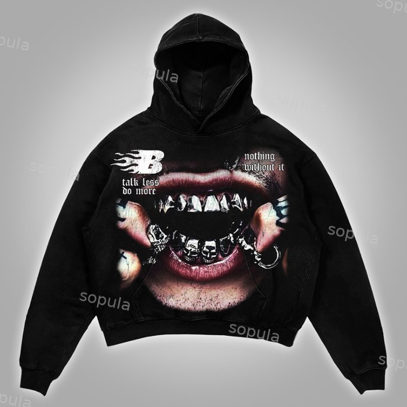 Sopula Skull Teeth Lips Street Graphics Pocket Hoodie - SOPULA