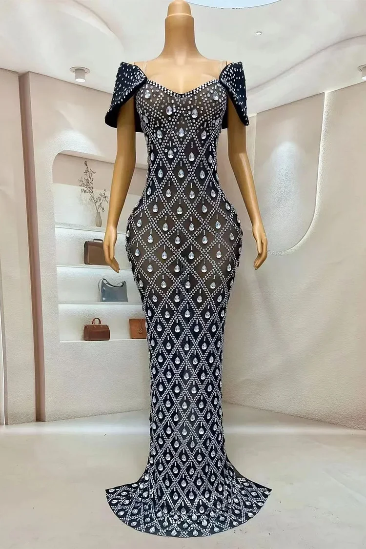 Off Shoulder Mesh See-Through Rhinestone Embellished-Black
