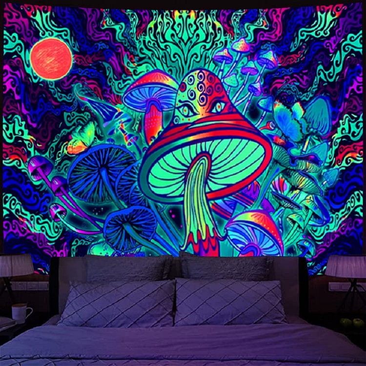 Fluorescent Tapestry Mushroom Wall Hanging Glow Under Ultraviolet Light Mat