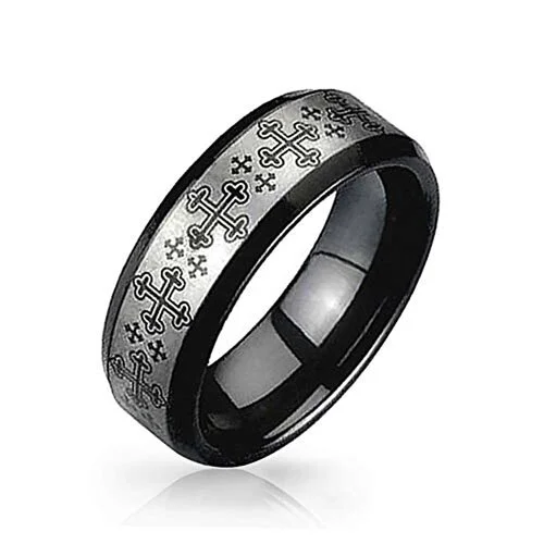 6MM 8MM Women's Or Men's Tungsten Carbide Wedding Rings Black with Laser Etched Medieval Crosses and Beveled Edge