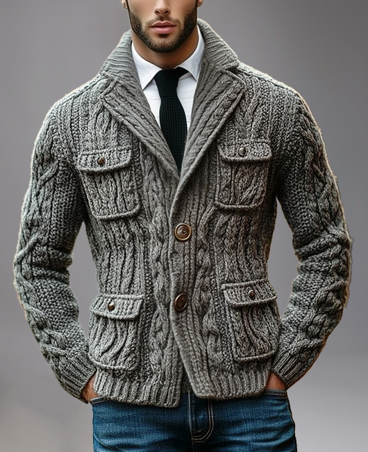 Okaywear Business Knit Notched Lapel Two Button Pockets Cardigan Sweater