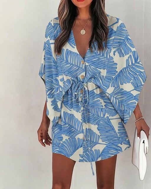 Tropical Plants Print V-Neck Bell Sleeve Button Front Mini Dress Casual Drawstring Waist Vacation Dress -0119