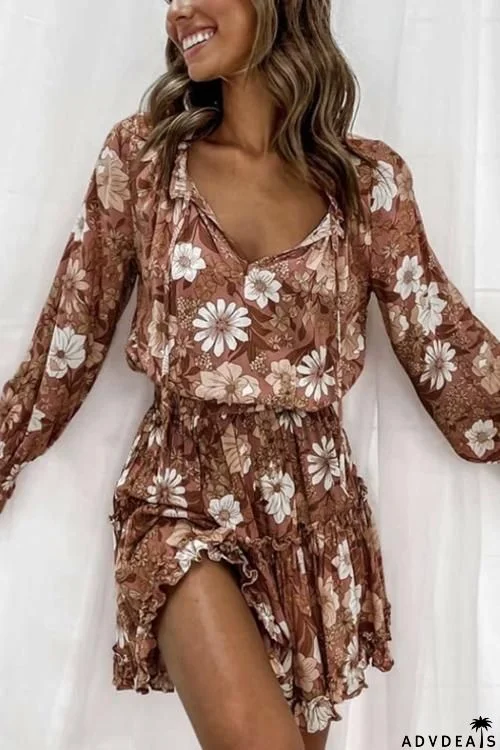 Ruffles Flroal Print Long Sleeve Mini Dress