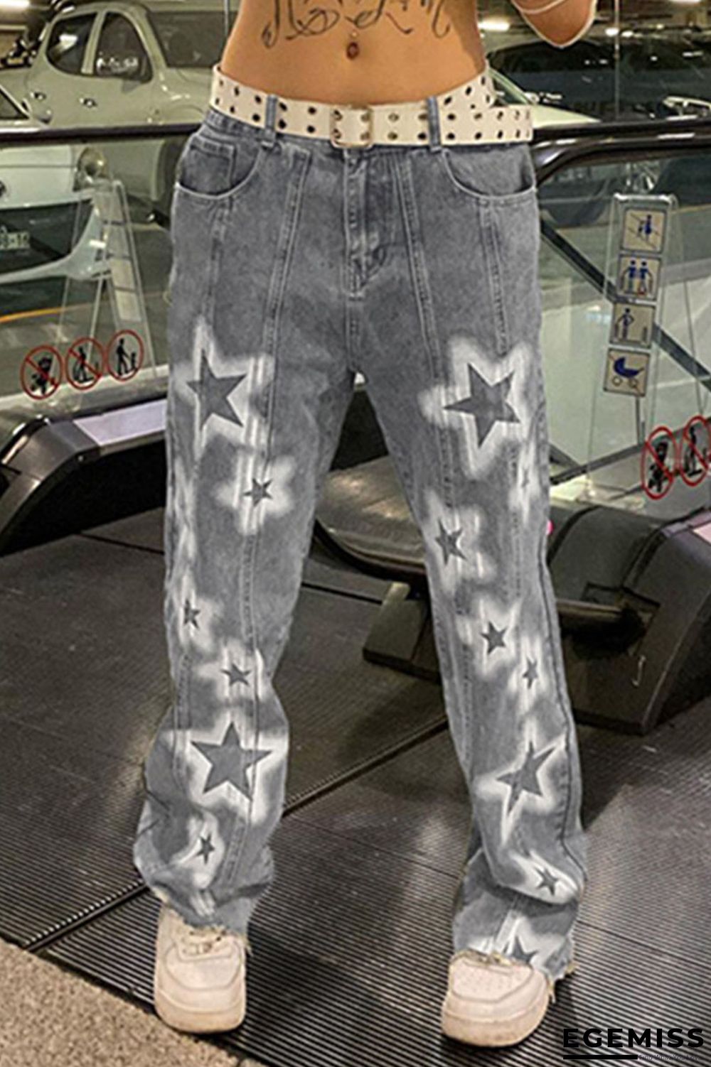 Blue Casual Print Patchwork Low Waist Denim Jeans | EGEMISS