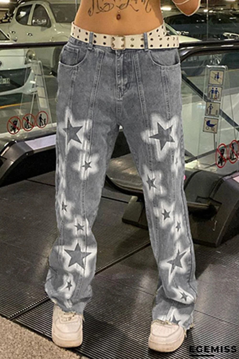 Blue Casual Print Patchwork Low Waist Denim Jeans | EGEMISS