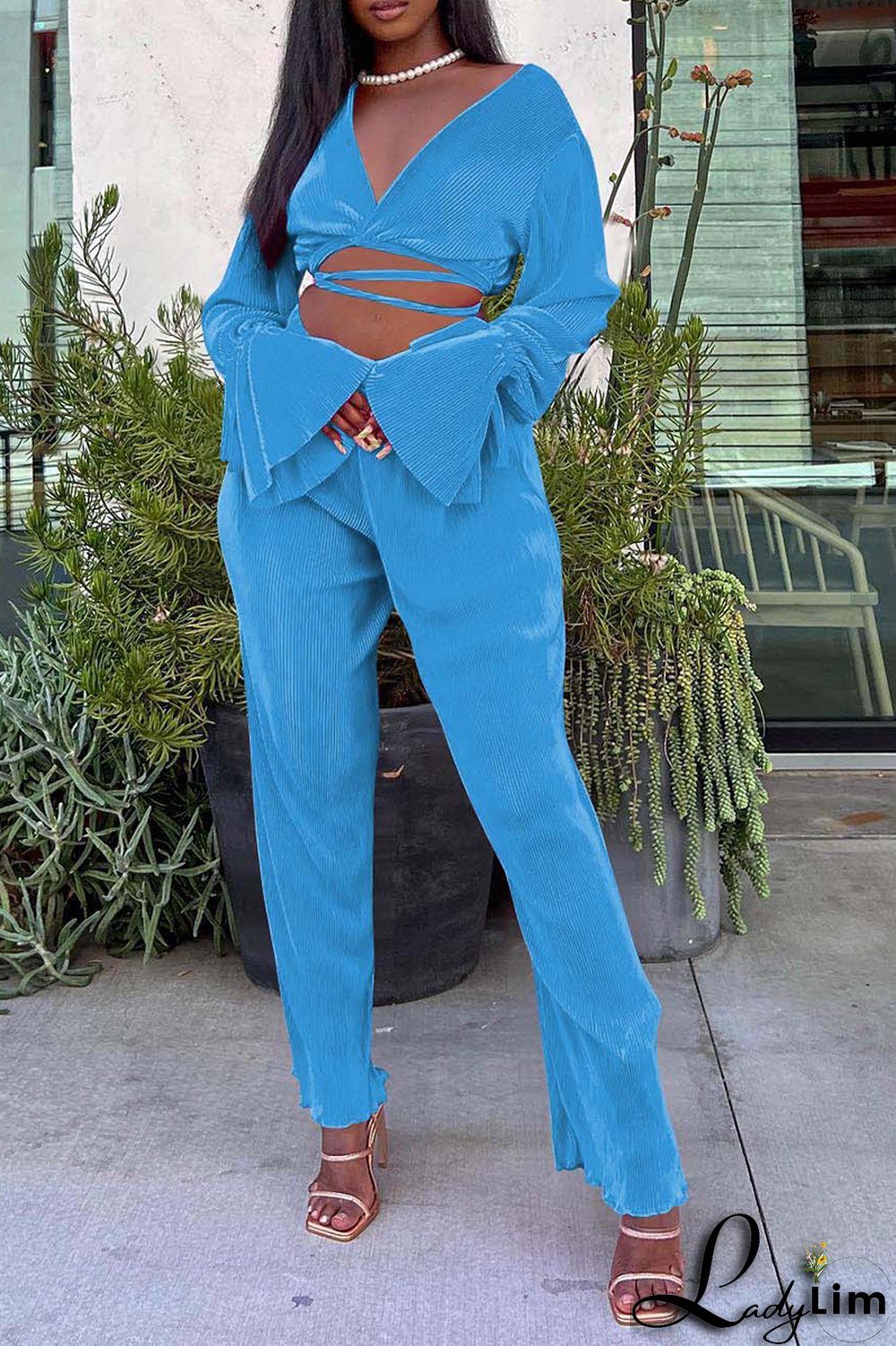 Red Casual Solid Fold O Neck Long Sleeve Two Pieces