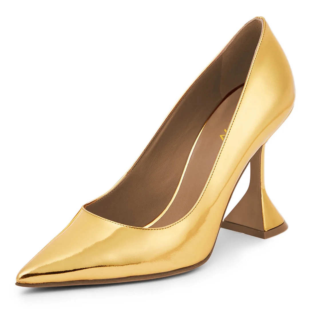 Dazzling Metallic Finish Pointed Toe Shoes Flared Heel Gold Pumps