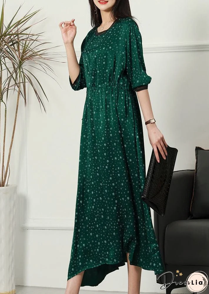 Women Green O Neck Print Patchwork Thin Silk Dresses Spring