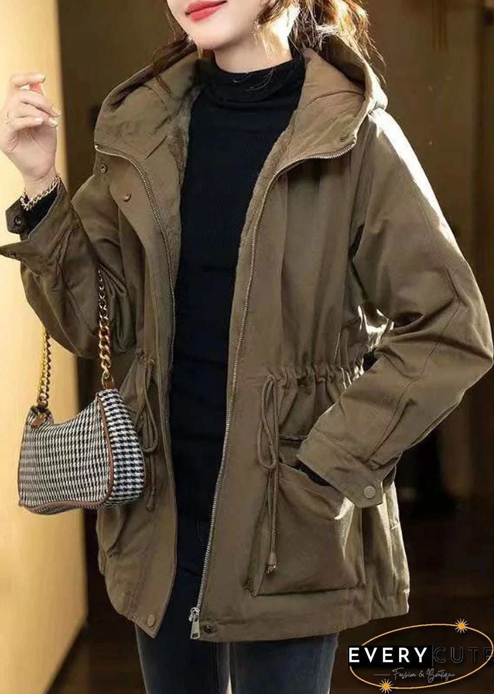 Italian Coffee Pockets Drawstring Patchwork Warm Fleece Hoodie Coat Winter
