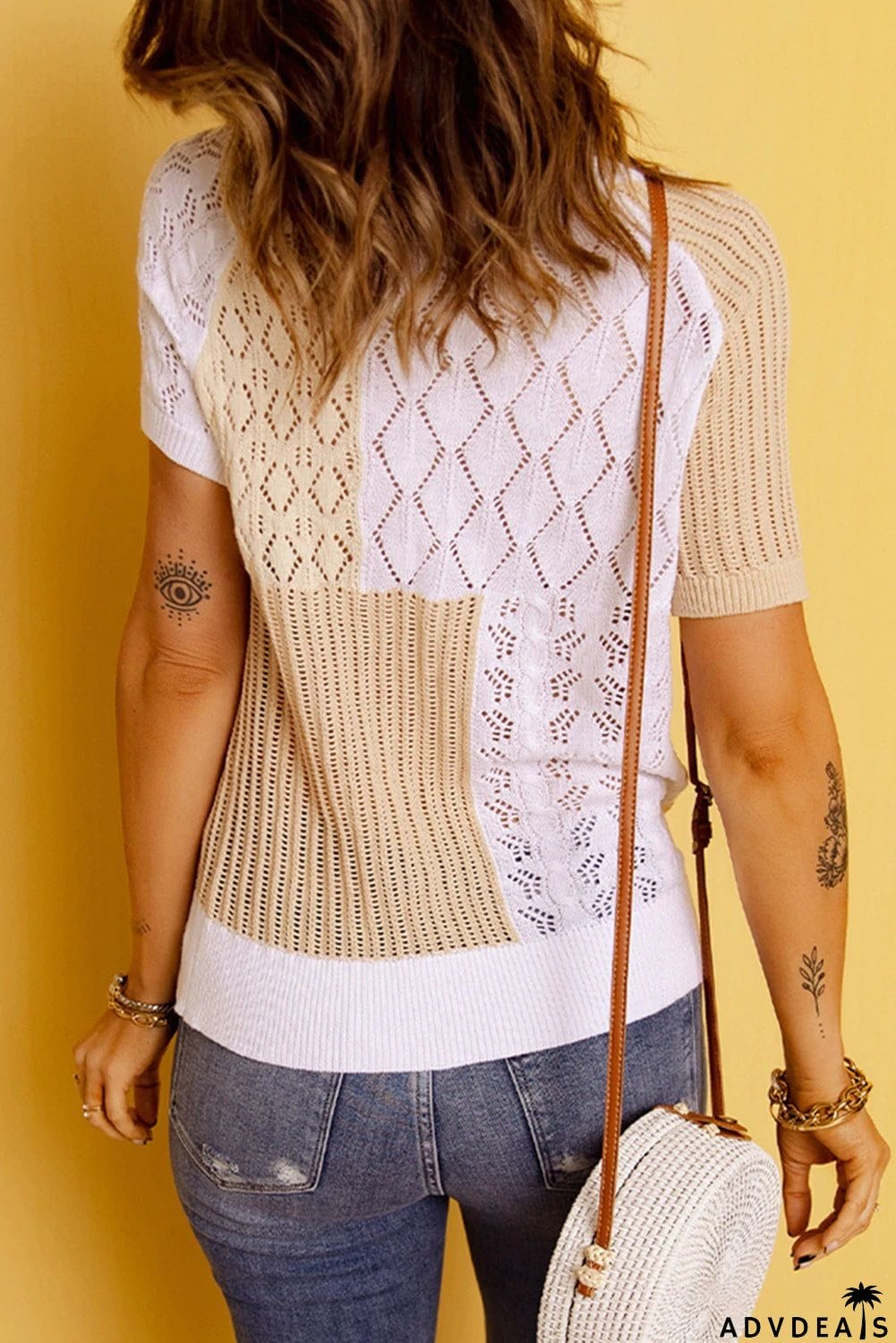 Color Block Eyelet Short Sleeve Sweater
