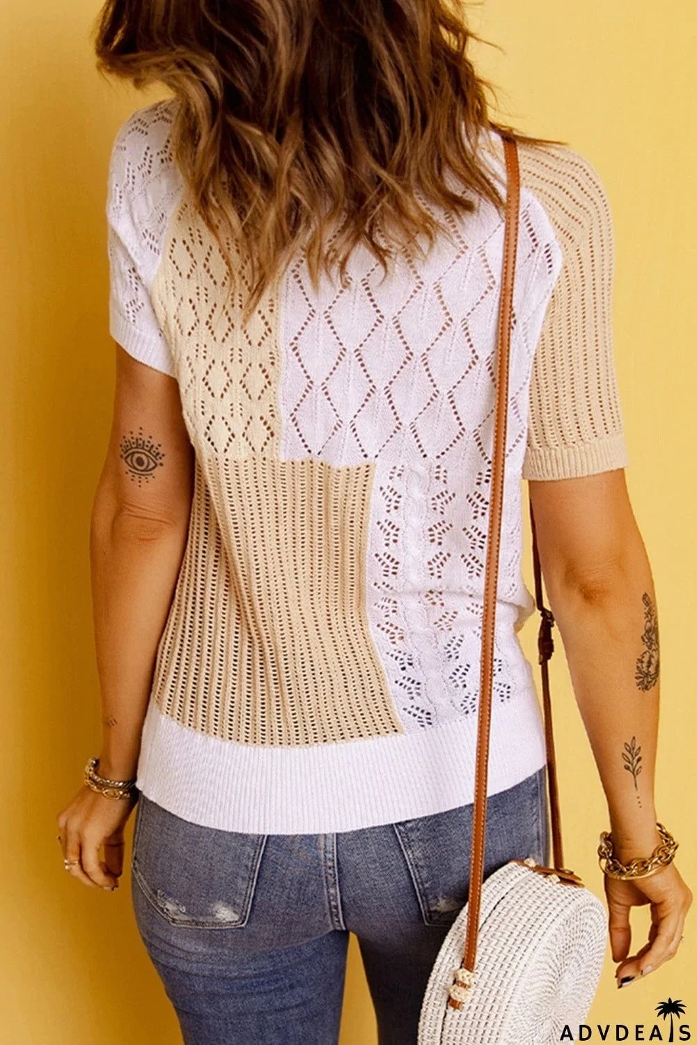 Color Block Eyelet Short Sleeve Sweater