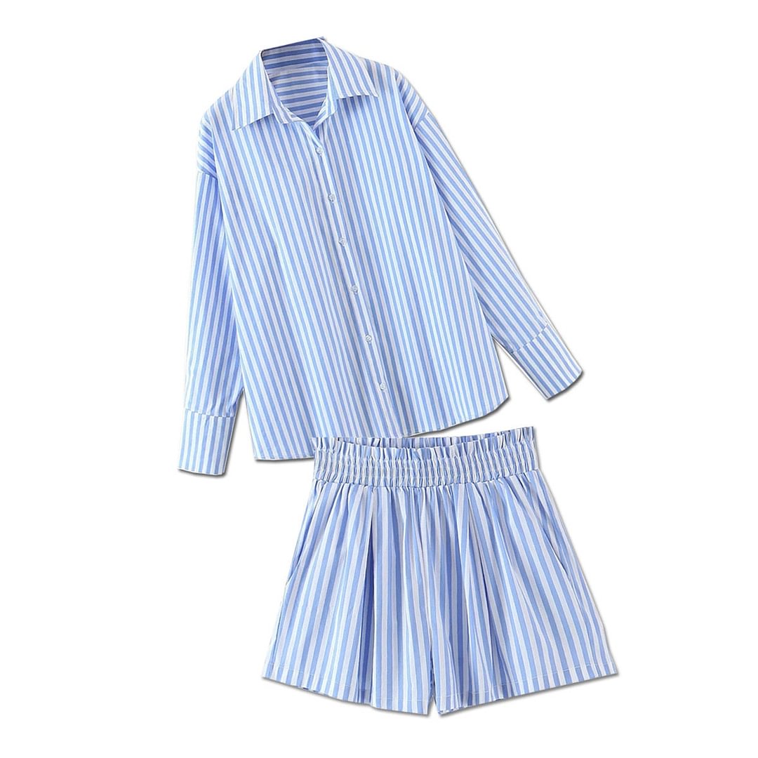 Aproms Blue Striped Oversized 2 Piece Set Women 2021 Summer Casual Long Sleeve Shirt and Shorts Cool Girls Holiday Fashion Suit