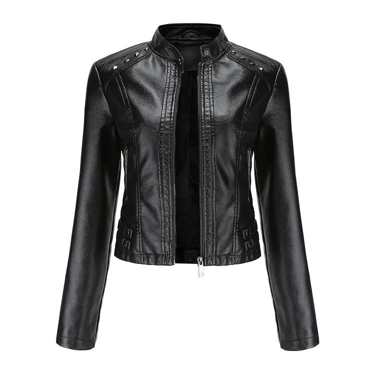 PASUXI New Arrival Spring Autumn Girls Thin Long Sleeve Leather Jacket With Rivets Coat Collar Zipper Leather Women Jacket huanwei