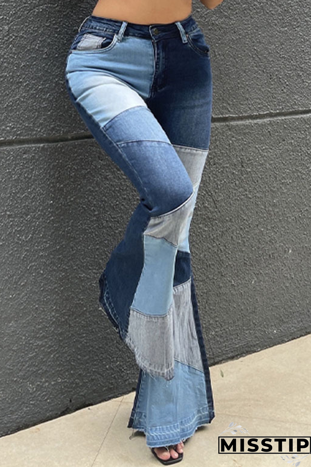 Blue Casual Patchwork Tear High Waist Boot Cut Denim Jeans