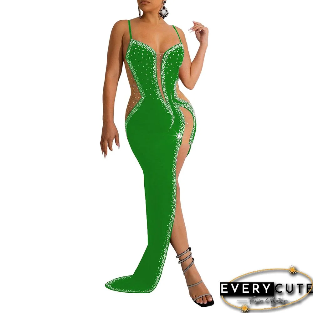 Green Rhinestone Sheer Mesh High Split Maxi Dress