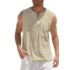 Men's Casual Lace-Up Neck Chest Pocket Sleeveless Vest Tank Top by Inlyline