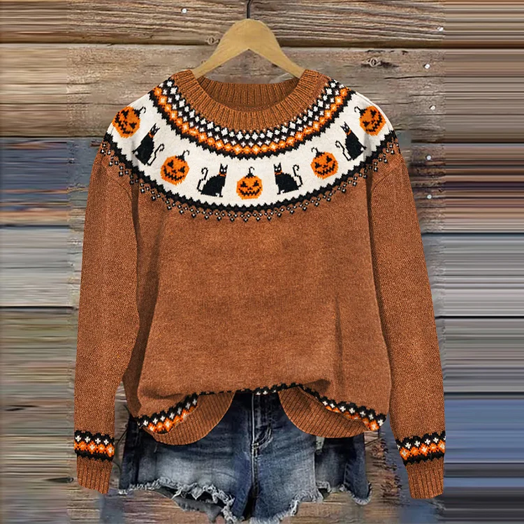 Comstylish Halloween Pumpkin Cat Print Casual Knitted Pullover Sweater