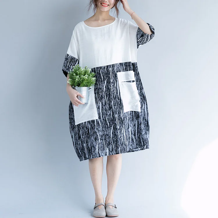 baggy white cotton shift dress oversize casual dress vintage patchwork o neck short sleeve cotton dress