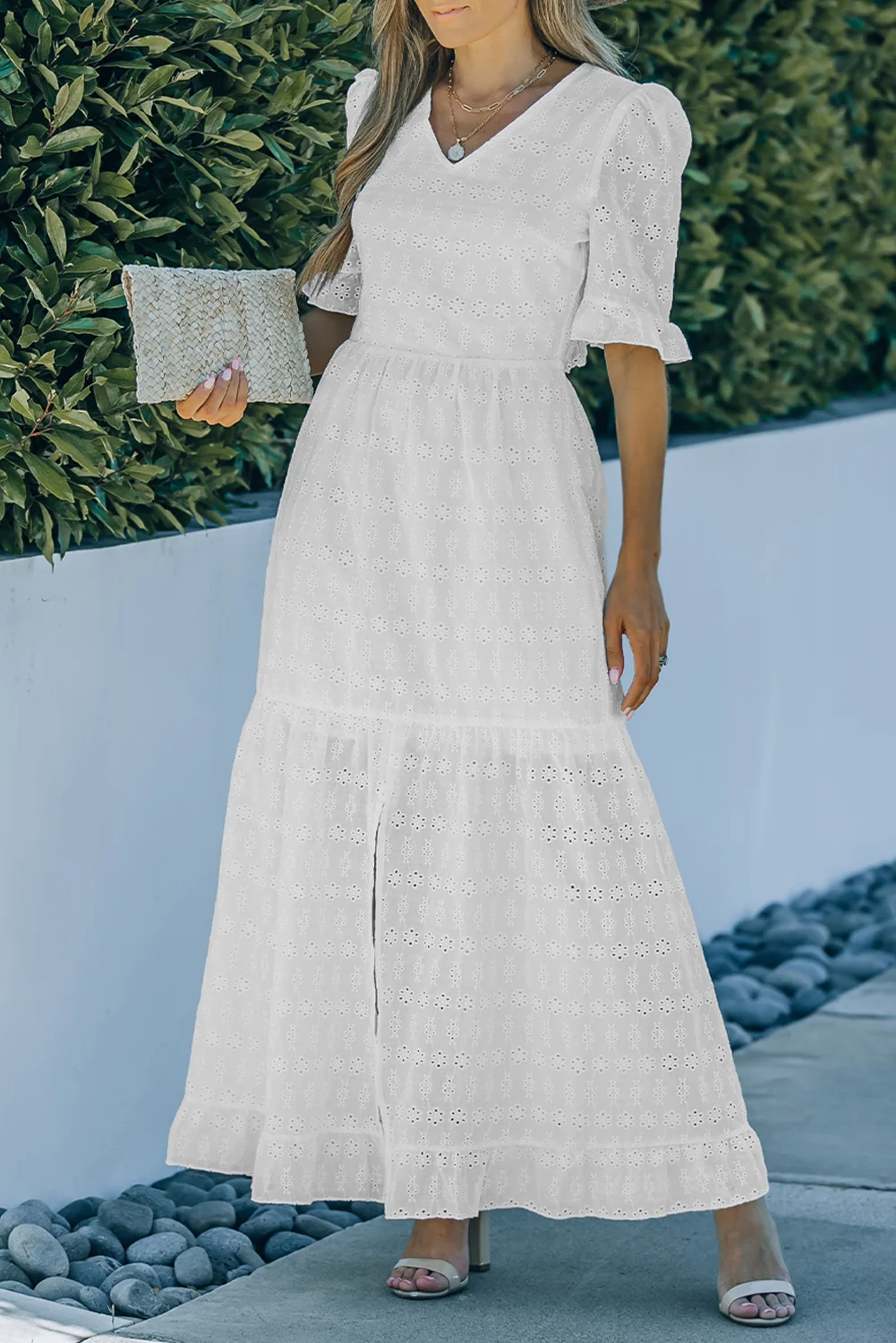 White Lace Crochet Open Back Ruffled High Waist Maxi Dress | IFYHOME